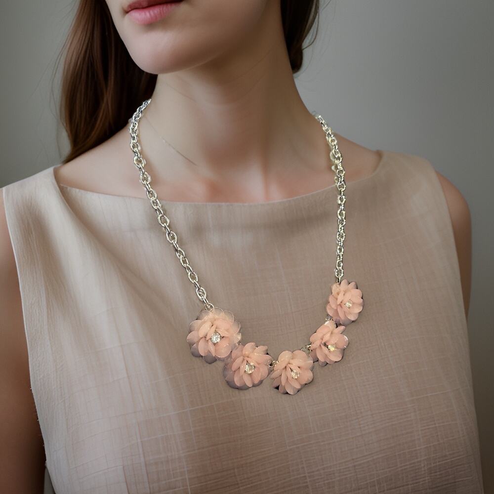 Elegant Pastel Pink Floral Blossom Crystal Statement Necklace silver Adjustable
